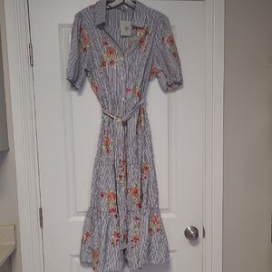 Blue Midi Sundress with Puff Sleeves and Notched Collar